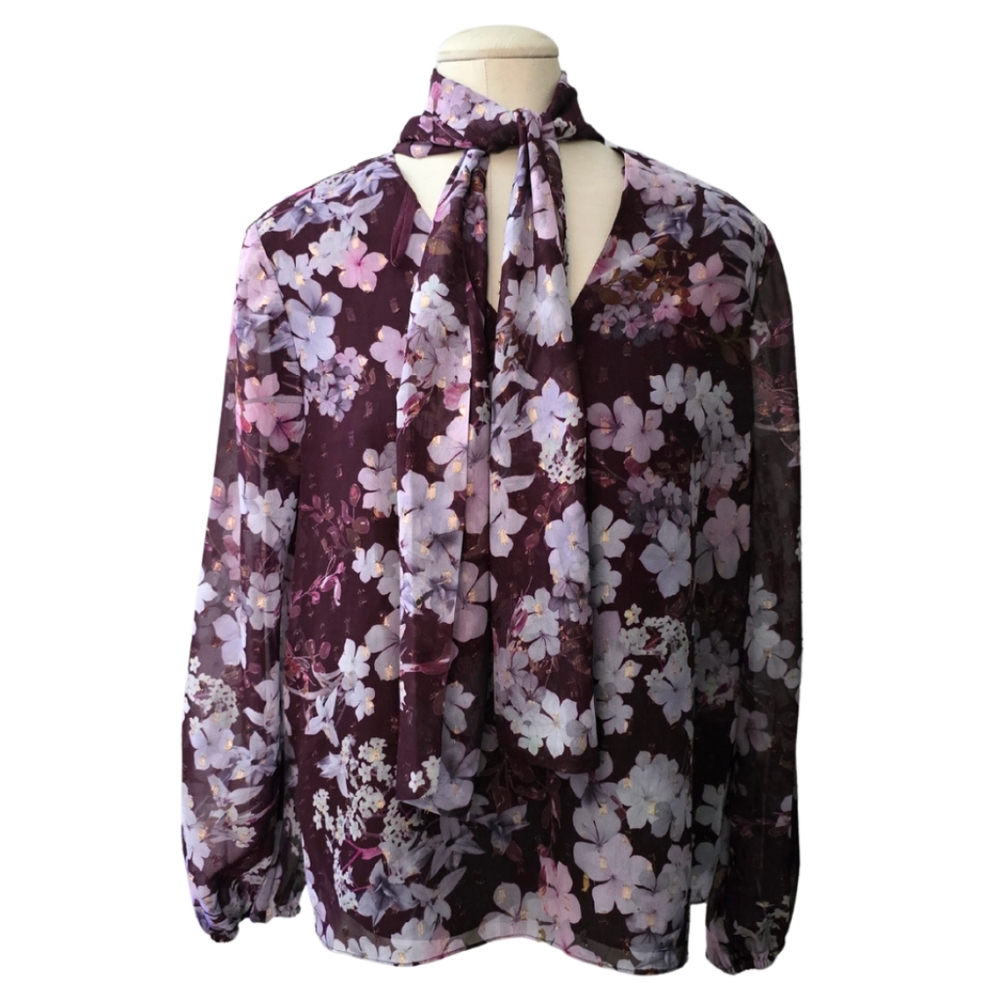 Ted Baker London Cyllie Elderflower Tie Neck Blouse - Oxblood - Size 5 (US 12) - Picture 2 of 5